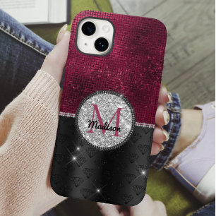 Chic Imitate Silver Glitzer Burgundy Black Monogra Case-Mate iPhone 14 Hülle