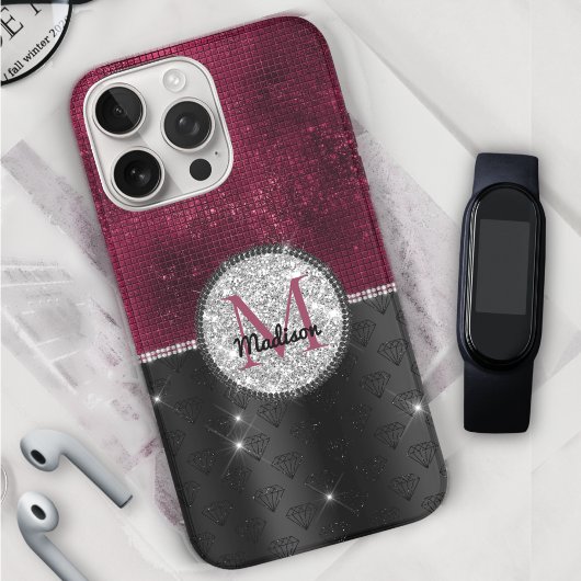 Chic Imitate Silver Glitzer Burgundy Black Monogra Case-Mate iPhone Hülle