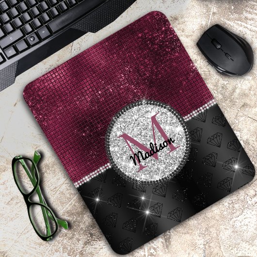 Chic Imitate Silver Glitzer Burgundy Black Monogra Mousepad