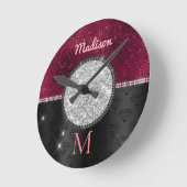 Chic Imitate Silver Glitzer Burgundy Black Monogra Runde Wanduhr (Winkel)