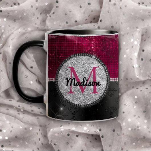 Chic Imitate Silver Glitzer Burgundy Black Monogra Tasse