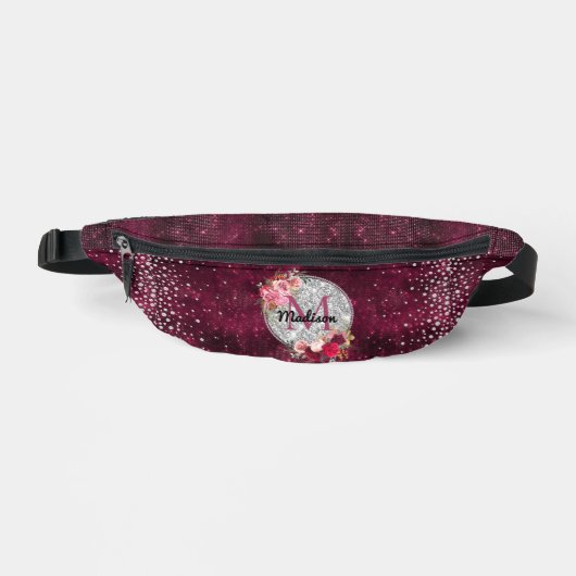Chic Imitate Silver Glitzer Burgundy Floral Monogr Bauchtasche (Vorderseite)