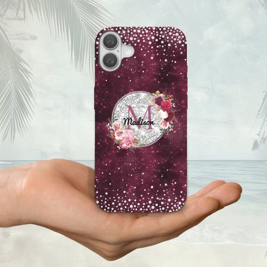 Chic Imitate Silver Glitzer Burgundy Floral Monogr Case-Mate iPhone Hülle