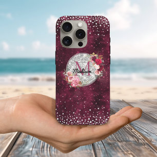 Chic Imitate Silver Glitzer Burgundy Floral Monogr iPhone 16 Pro Hülle