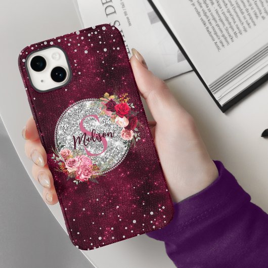 Chic Imitate Silver Glitzer Burgundy Floral Monogr Case-Mate iPhone Hülle
