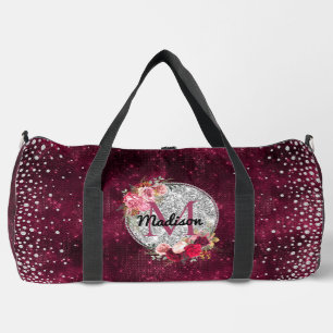 Chic Imitate Silver Glitzer Burgundy Floral Monogr Duffle Bag
