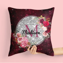 Chic Imitate Silver Glitzer Burgundy Floral Monogr