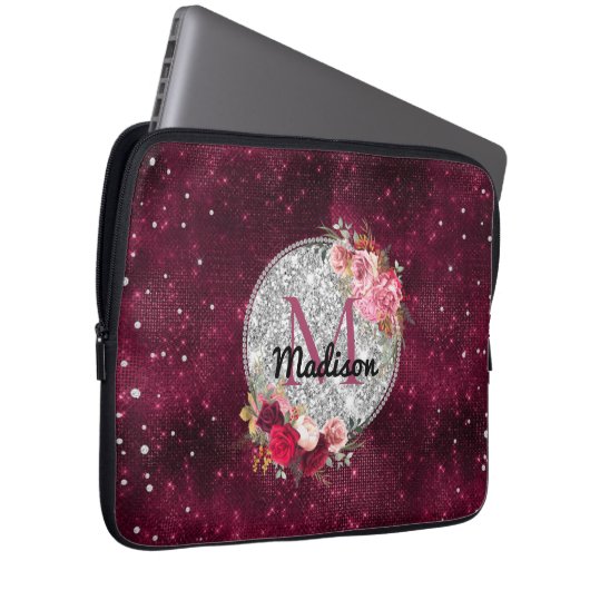 Chic Imitate Silver Glitzer Burgundy Floral Monogr Laptopschutzhülle (Vorne Rechts)