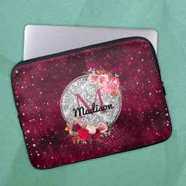 Chic Imitate Silver Glitzer Burgundy Floral Monogr Laptopschutzhülle