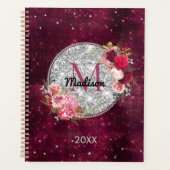 Chic Imitate Silver Glitzer Burgundy Floral Monogr Planer (Vorderseite)