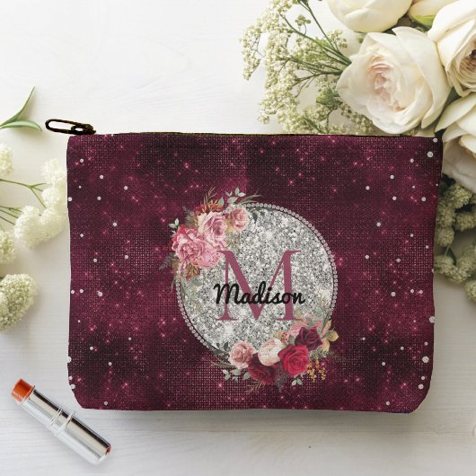 Chic Imitate Silver Glitzer Burgundy Floral Monogr Zubehörtasche