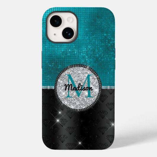 Chic Imitate Silver Glitzer Türkis Schwarzes Monog Case-Mate iPhone Hülle (Rückseite)