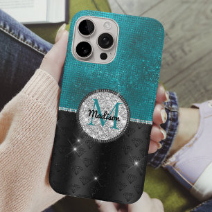 Chic Imitate Silver Glitzer Türkis Schwarzes Monog iPhone 16 Pro Hülle