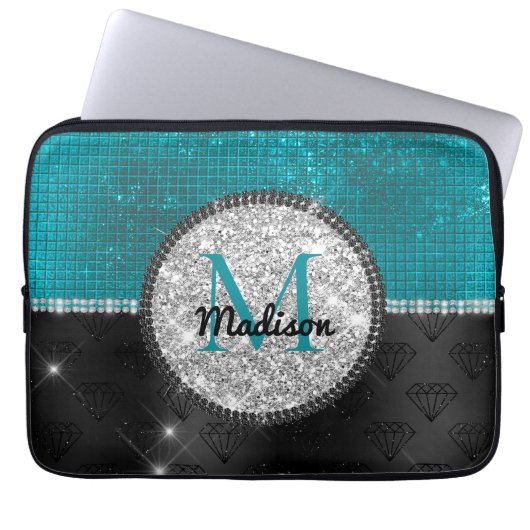 Chic Imitate Silver Glitzer Türkis Schwarzes Monog Laptopschutzhülle (Vorderseite)