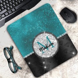 Chic Imitate Silver Glitzer Türkis Schwarzes Monog Mousepad