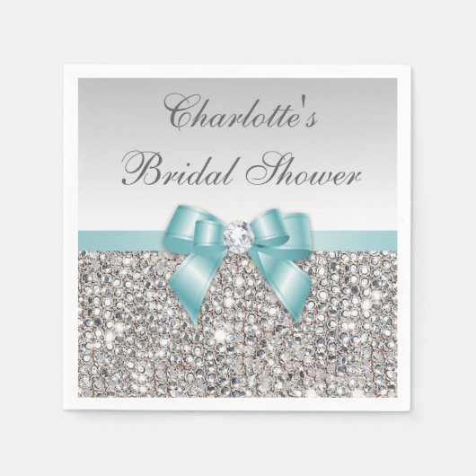Chic Imitats Aquamarin Bow Silver Sequins Brautpar Serviette (Vorderseite)