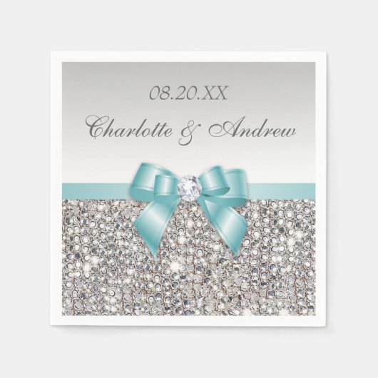 Chic Imitats Aquamarin Bow Silver Sequins Wedding Serviette (Vorderseite)
