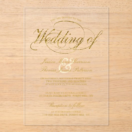 Chic Imitats Gold Foil Script Hochzeit Acryleinladungen (Vorderseite)