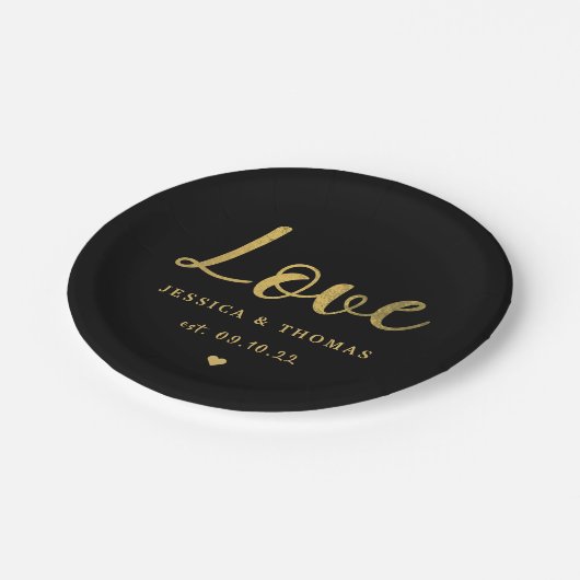 Chic Imitats Gold Foil Typografy Script Liebe Wedd Pappteller (Schrägansicht)