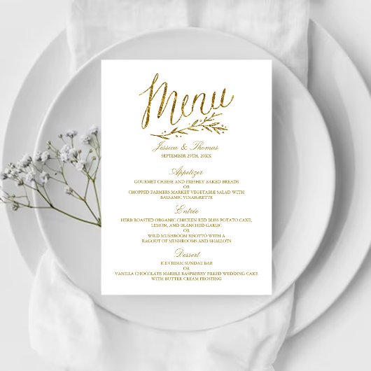 Chic Imitats Gold Foil Wedding Menu Template Menükarte