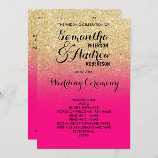 Chic Imitats Gold Glitzer Hot-Rosa Hochzeitsprogra Programm (Vorne/Hinten)