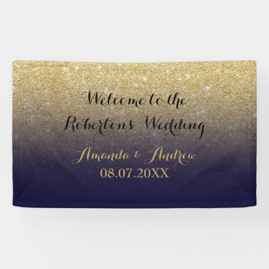 Chic Imitats Goldmedaille Glitzer Blaue Hochzeit Banner (Horizontal)