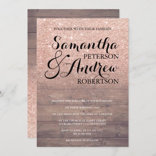Chic Imitats Rose Gold Glitzer rustikale Holzhochz Einladung (Vorne/Hinten)