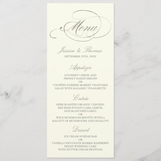 Chic Imitats Silver Foil Wedding Menu Template - E Menükarte (Vorderseite)