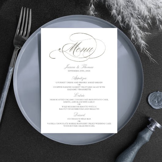 Chic Imitats Silver Foil Wedding Menu Template Menükarte