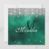 Chic Imitats Silver Glitzer Monogram Green Foil Om Einladung (Rückseite)