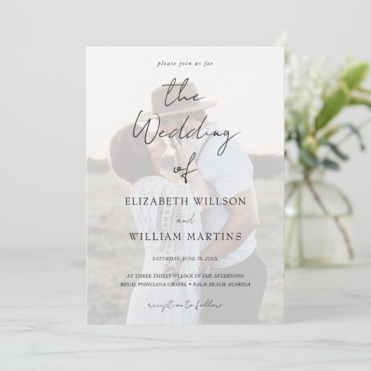 Chic Imitats Vellum Effect Foto HochzeitQR Code UA Einladung (Stehend Vorderseite)