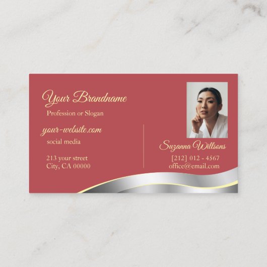 Chic Indian Red Wavy Silver Deco mit Foto Smart Visitenkarte (Rückseite)