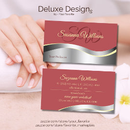 Chic Indian Red Wavy Silver Deco mit Initials Visitenkarte