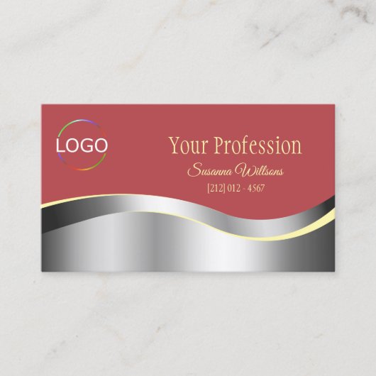 Chic Indian Red Wavy Silver Deco mit Logo-Foto Visitenkarte (Vorderseite)