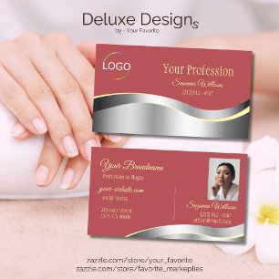 Chic Indian Red Wavy Silver Deco mit Logo-Foto Visitenkarte