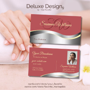 Chic Indian Red Wavy Silver Decor Initials Foto Visitenkarte