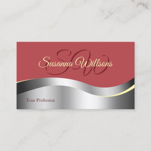 Chic Indian Red Wavy Silver Decor Initials Foto Visitenkarte (Vorderseite)