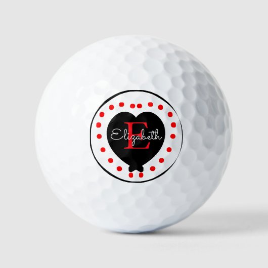 Chic Initial Letter Monogram Black Red Heart Dots Golfball (Vorderseite)