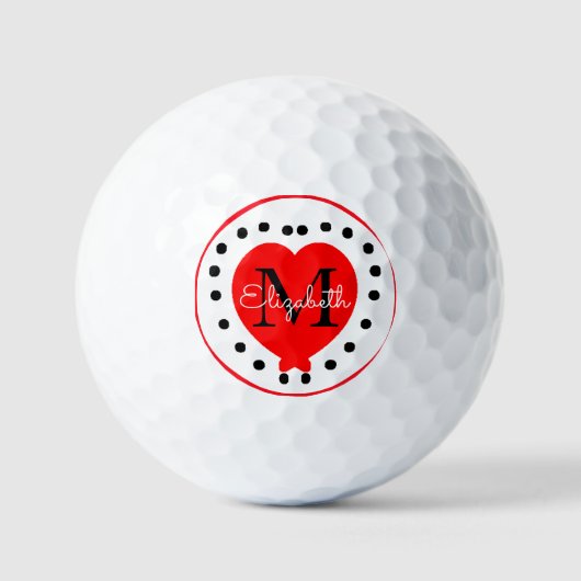 Chic Initial Letter Monogram Red Heart Black Point Golfball (Vorderseite)