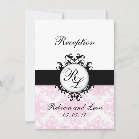 Chic Initials Pink Damask Wedding Empfang Card Einladung (Vorderseite)