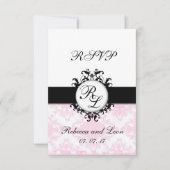 Chic Initials Pink Damask Wedding RSVP Card (Vorderseite)