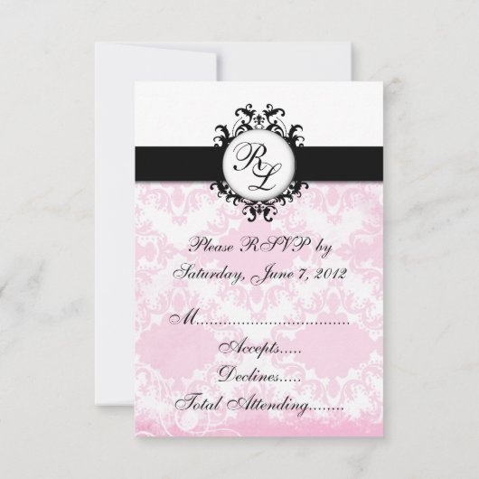 Chic Initials Pink Damask Wedding RSVP Card (Rückseite)
