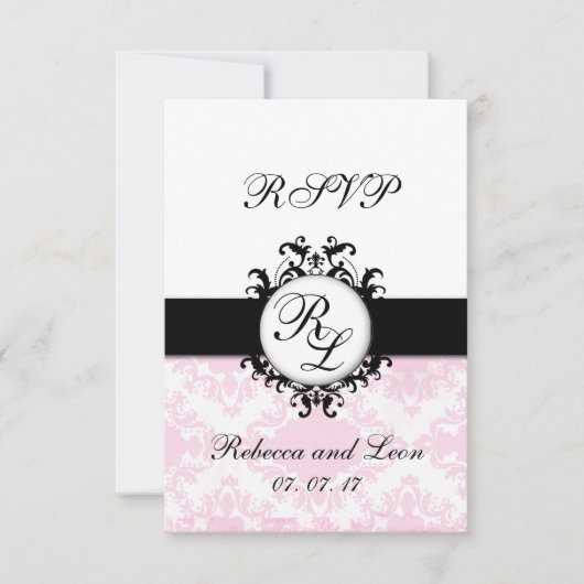 Chic Initials Pink Damask Wedding RSVP Card Karte (Vorderseite)