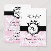 Chic Initials Pink Damask Wedding RSVP Card Karte (Vorne/Hinten)
