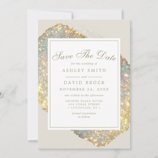 Chic Iridescent Glitzer Save the Date Card (Vorderseite)