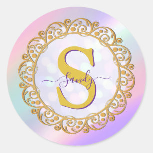 Chic Iridescent Initial mit Gold Scrollwork Runder Aufkleber