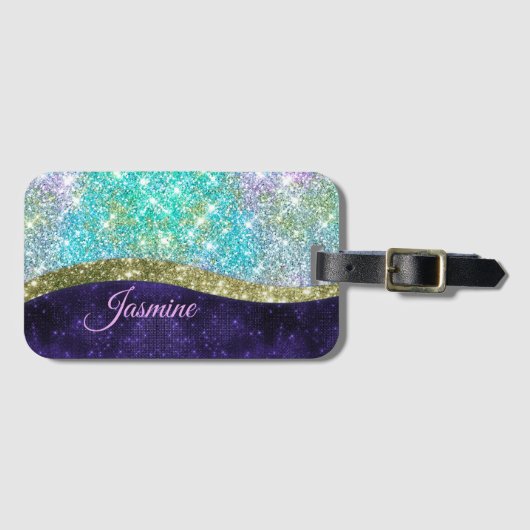 Chic iridescent lila Blue Imitats Glitzer Monogram Gepäckanhänger (Vorderseite (Horizontal))