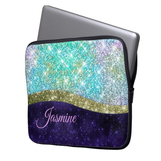 Chic iridescent lila Blue Imitats Glitzer Monogram Laptopschutzhülle (Vorderseite Links)