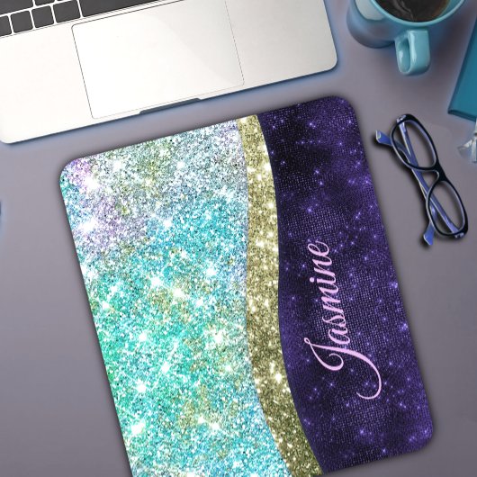 Chic iridescent lila Blue Imitats Glitzer Monogram Mousepad