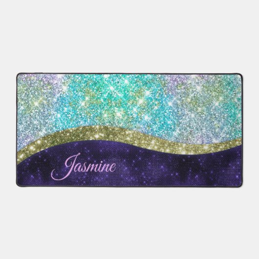 Chic iridescent lila Blue Imitats Glitzer Monogram Schreibtischunterlage (Vorderseite)